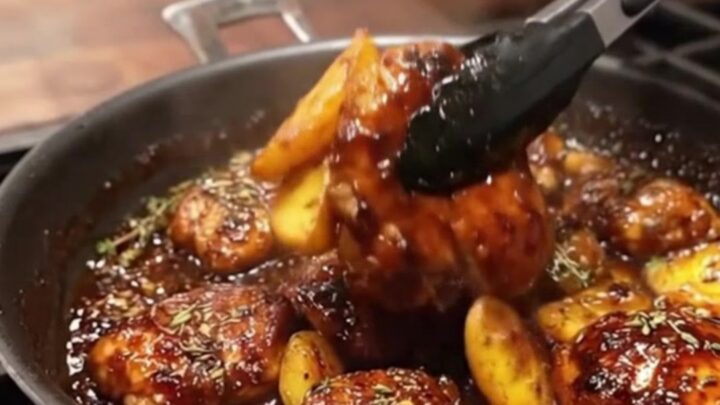 A close-up view of a cast-iron skillet filled with golden-brown chicken thighs and potato wedges coated in a glossy