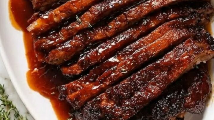 A beautifully glazed oven-baked brisket on a white oval platter, showing tender, steaming slices.