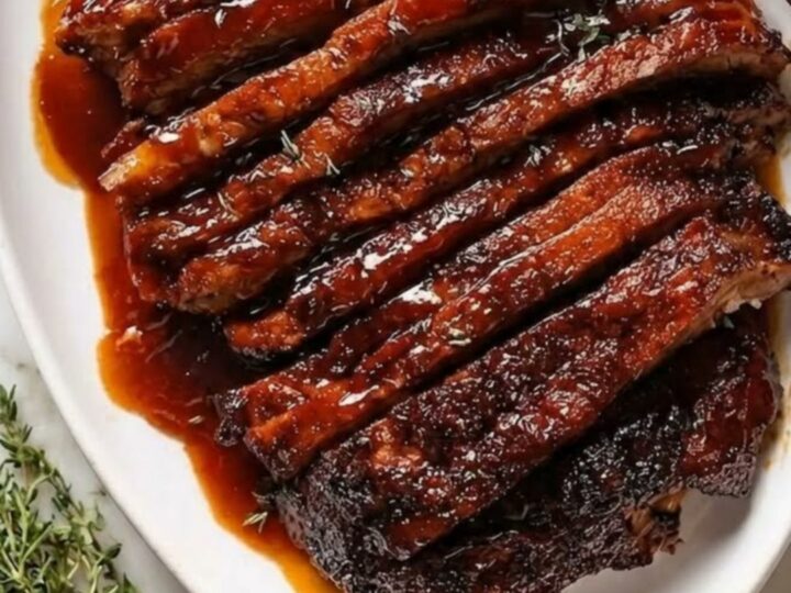 A beautifully glazed oven-baked brisket on a white oval platter, showing tender, steaming slices.