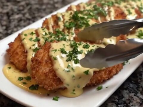 Golden-brown crispy chicken cutlets topped with a creamy garlic herb sauce on a white platter.