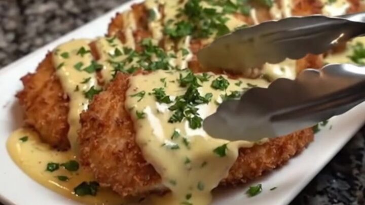 Golden-brown crispy chicken cutlets topped with a creamy garlic herb sauce on a white platter.