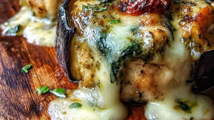 A golden baked stuffed chicken breast with melted mozzarella and spinach on a white plate.