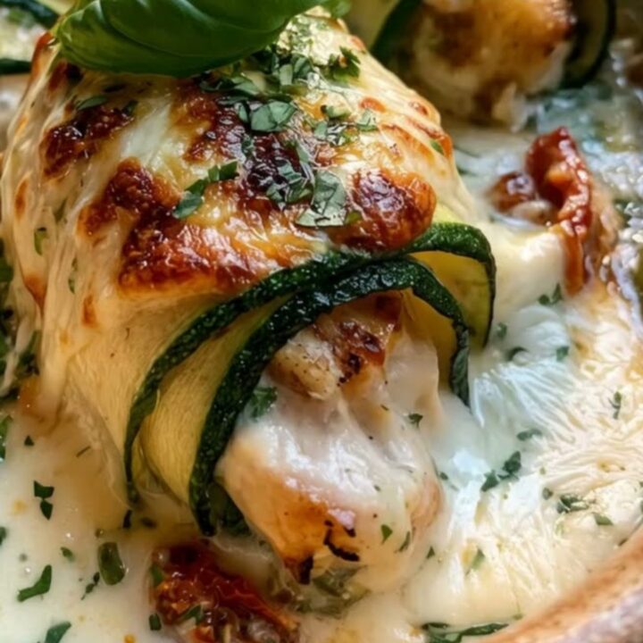 A close-up of a creamy zucchini chicken roll-up being lifted from a baking dish with a metal spatula.