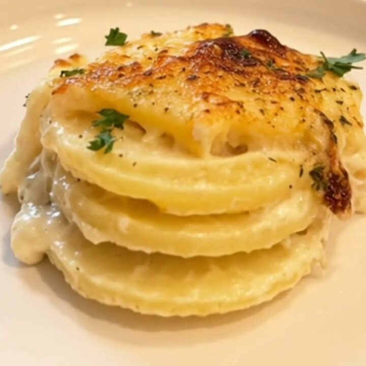 A close-up of a creamy roasted garlic potato gratin in a glass dish with a golden brown, bubbly cheese crust.