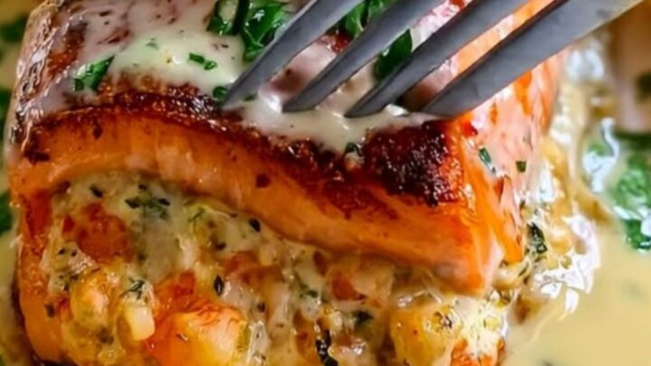 A golden-seared salmon fillet stuffed with creamy shrimp, resting on a white plate.