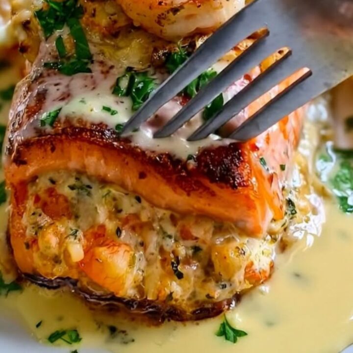 A golden-seared salmon fillet stuffed with creamy shrimp, resting on a white plate.