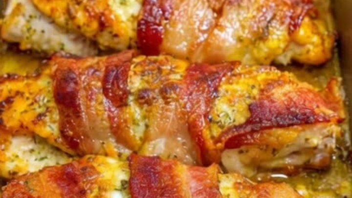 A close-up of sliced bacon-wrapped garlic parmesan chicken breast in a metallic baking pan, showing steam escaping.