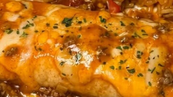 A warm, cheesy beef enchilada bake in a glass dish with a rich, stringy cheese pull.