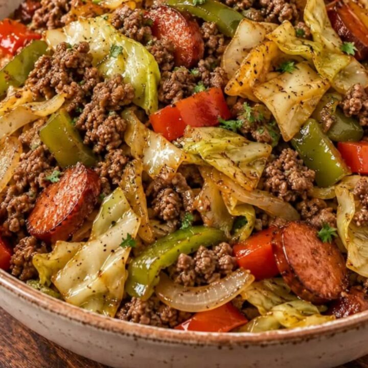 A rustic bowl filled with charred cabbage, sliced smoked turkey sausage, and ground pork, showing light steam.