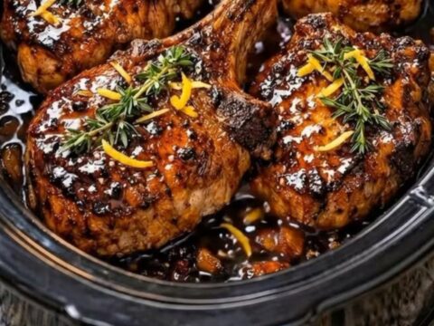 Close-up of a tender, glazed bone-in pork chop sitting in a slow cooker with a rich, aromatic orange herb sauce.