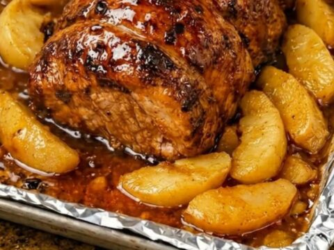 A golden-brown roasted pork loin resting on a baking sheet surrounded by glistening, caramelized apple wedges.