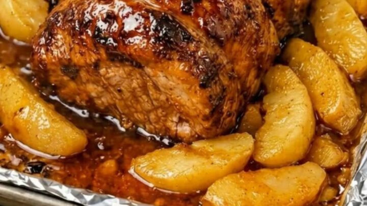 A golden-brown roasted pork loin resting on a baking sheet surrounded by glistening, caramelized apple wedges.
