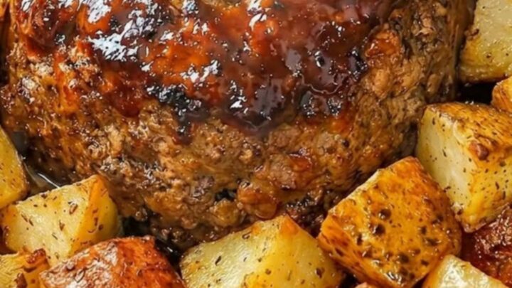 A glossy BBQ glazed meatloaf in a foil pan surrounded by golden roasted potatoes on a rustic kitchen counter.