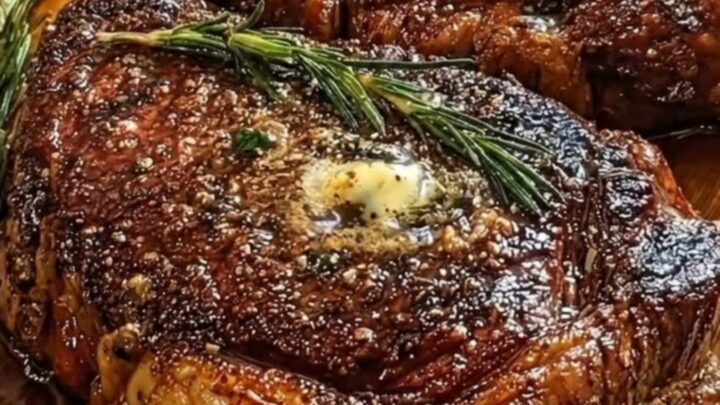 Three perfectly seared ribeye steaks resting on a wooden board topped with melted garlic herb butter and fresh rosemary