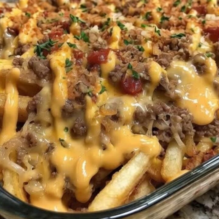 A hearty portion of loaded cheeseburger fries in a glass dish, topped with melted cheddar and fresh parsley.