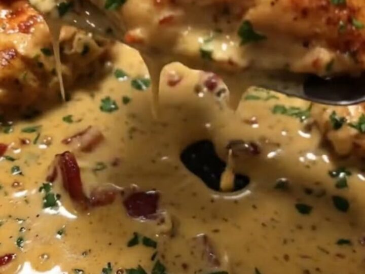 A golden-brown seared chicken breast covered in a creamy garlic sauce with crispy bacon and parsley in a cast-iron skillet.
