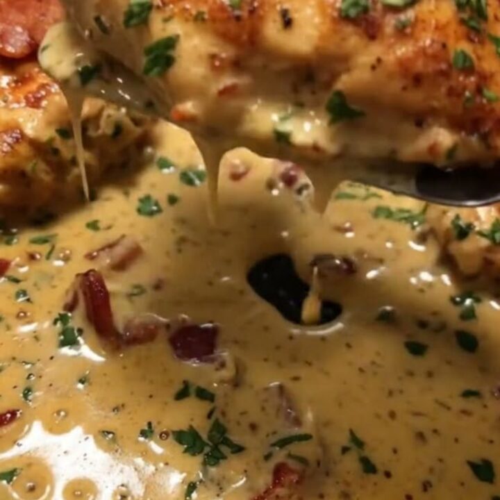 A golden-brown seared chicken breast covered in a creamy garlic sauce with crispy bacon and parsley in a cast-iron skillet.