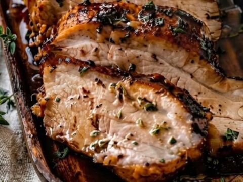 A close-up of a perfectly seared, glazed pork tenderloin sitting on a wooden board.