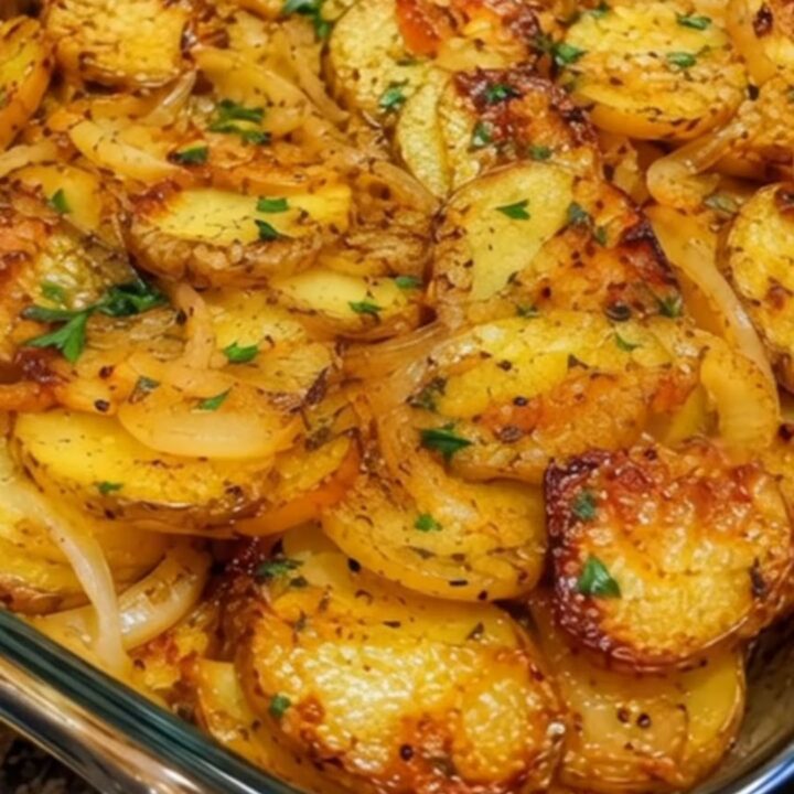 A glass baking dish filled with golden-brown roasted potato slices and caramelized onions.