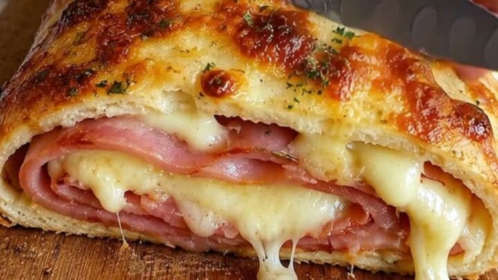 A golden-brown baked ham and cheese stromboli resting on a wooden cutting board.