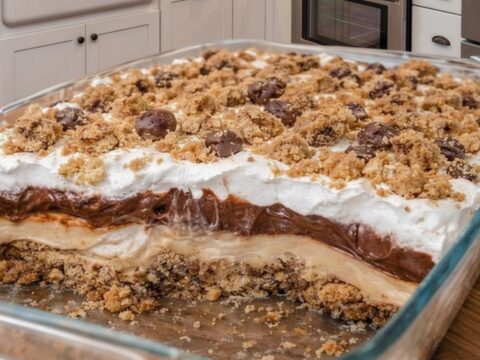 A square slice of no-bake peanut butter chocolate chip pie on a white plate.