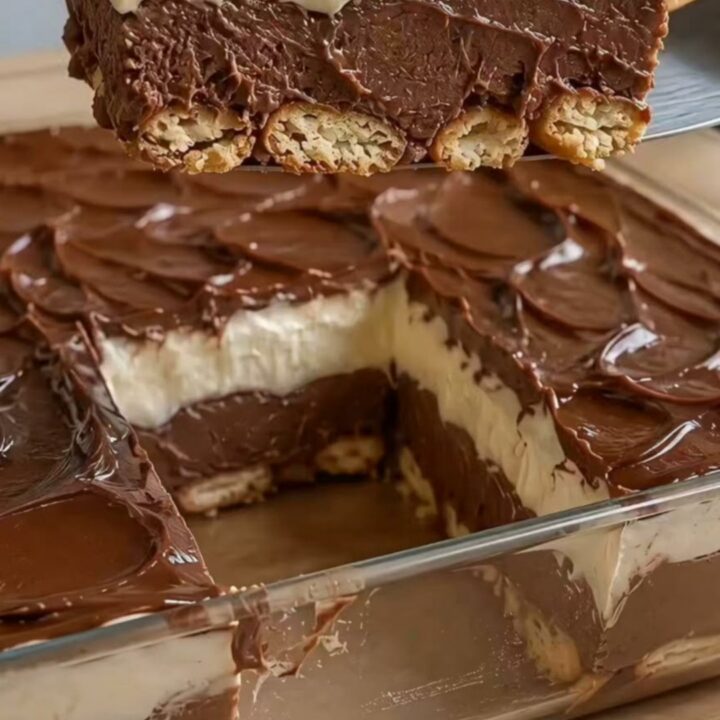 A tall slice of layered chocolate and vanilla pavé sits on a white plate, showing distinct cream layers.