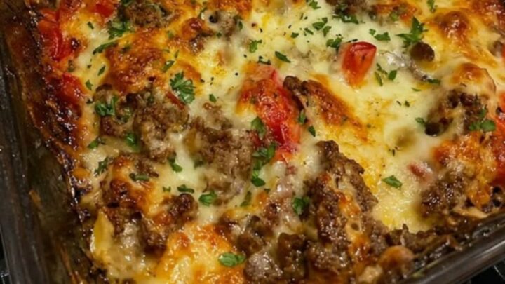 A steaming Philly cheesesteak casserole in a glass dish with melted cheese on top.