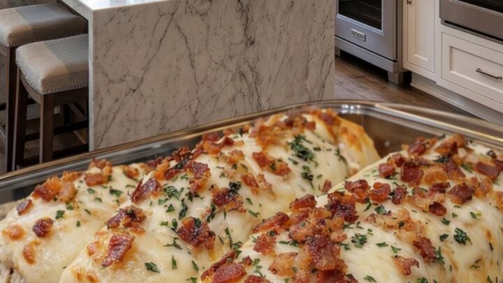Golden breadstick bombs topped with melted mozzarella and parsley in a glass baking dish.