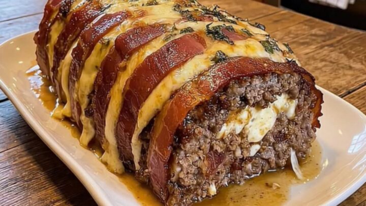 A thick slice of bacon-wrapped meatloaf on a white platter showing a melted mozzarella cheese pull.