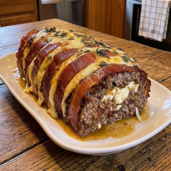 A thick slice of bacon-wrapped meatloaf on a white platter showing a melted mozzarella cheese pull.
