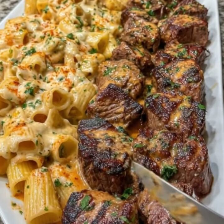 A white platter filled with creamy cajun steak bites and rigatoni, steam rising gently.