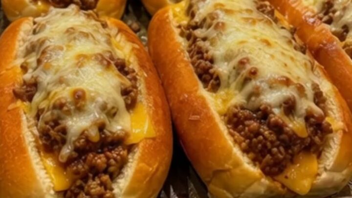 Golden-baked cheesy stuffed subs arranged on a baking sheet, showing a delicious melted cheese pull.
