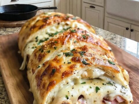 A golden, freshly baked Chicken Cordon Bleu Stromboli sits on a wooden cutting board, sliced to reveal melted cheese.
