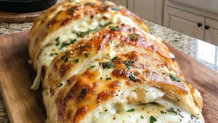 A golden, freshly baked Chicken Cordon Bleu Stromboli sits on a wooden cutting board, sliced to reveal melted cheese.