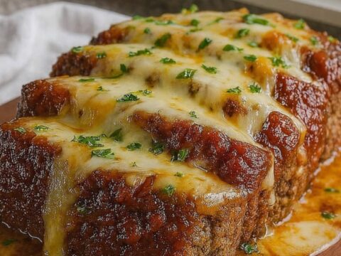 A thick, golden-brown slice of French onion meatloaf on a wooden board with melted cheese.