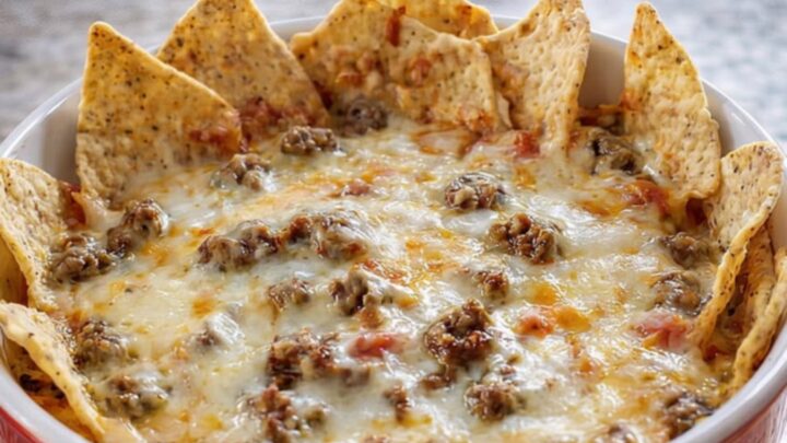 A ceramic bowl filled with bubbling, golden sausage beer cheese dip garnished with tortilla chips.
