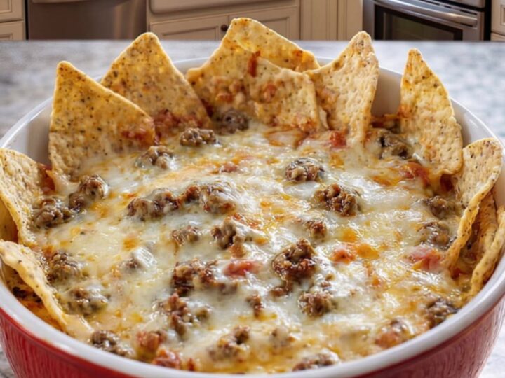 A ceramic bowl filled with bubbling, golden sausage beer cheese dip garnished with tortilla chips.