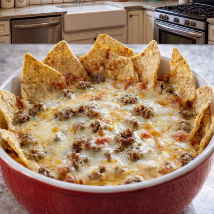 A ceramic bowl filled with bubbling, golden sausage beer cheese dip garnished with tortilla chips.