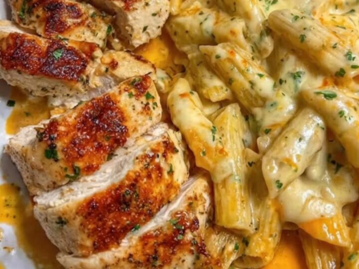 A close-up view of creamy garlic butter chicken penne served in a white bowl with a fork.