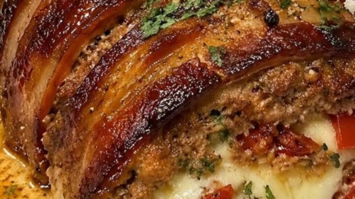 A close-up of a slice of bacon-wrapped meatloaf being lifted with a spatula, showing molten mozzarella stretching.