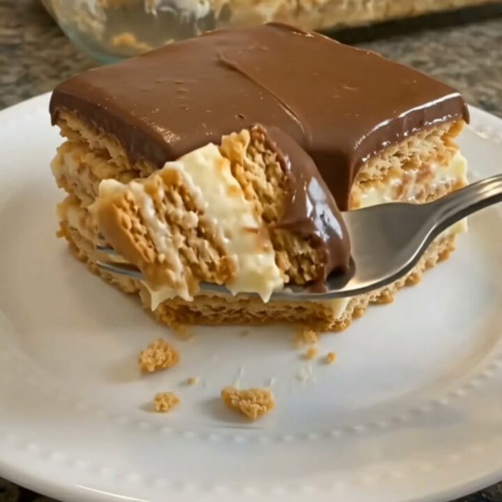 A slice of no-bake eclair cake showing distinct layers of graham crackers and vanilla pudding topped with chocolate.