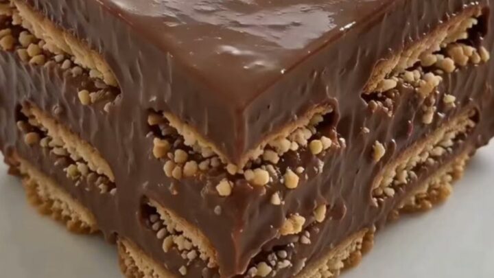 A tall, square slice of chocolate icebox cake on a white plate with visible layers.