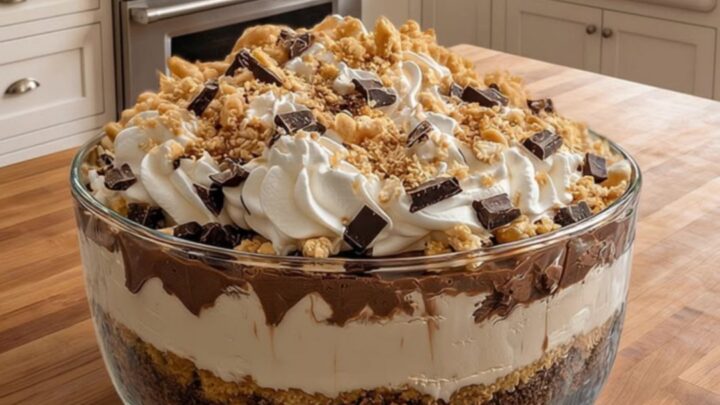 A decadent Baileys chocolate cheesecake trifle in a large glass bowl with visible layers.