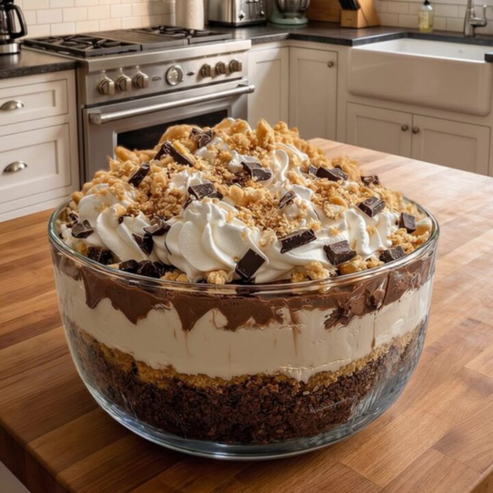 A decadent Baileys chocolate cheesecake trifle in a large glass bowl with visible layers.