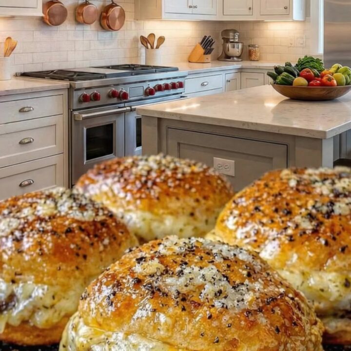 A close-up of golden-brown garlic parmesan cheeseburger bombs on a tray.