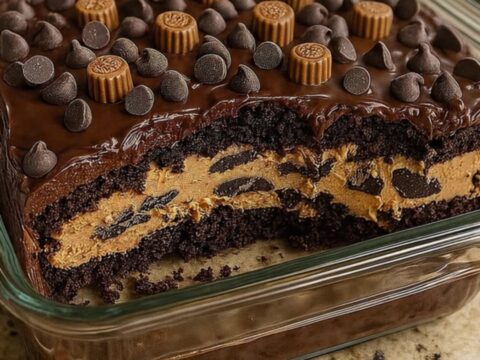 A slice of Reese's Peanut Butter Earthquake Cake on a white plate showing rich chocolate and peanut butter layers.