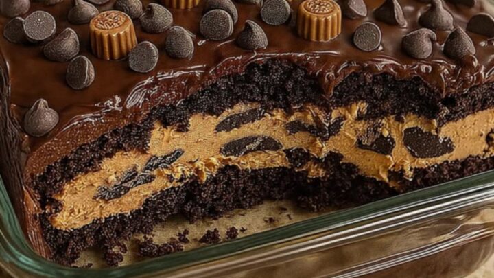 A slice of Reese's Peanut Butter Earthquake Cake on a white plate showing rich chocolate and peanut butter layers.