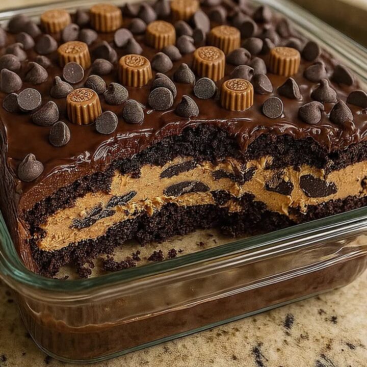 A slice of Reese's Peanut Butter Earthquake Cake on a white plate showing rich chocolate and peanut butter layers.