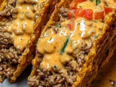 A platter of crispy ground beef tacos topped with creamy orange sauce and diced tomatoes.