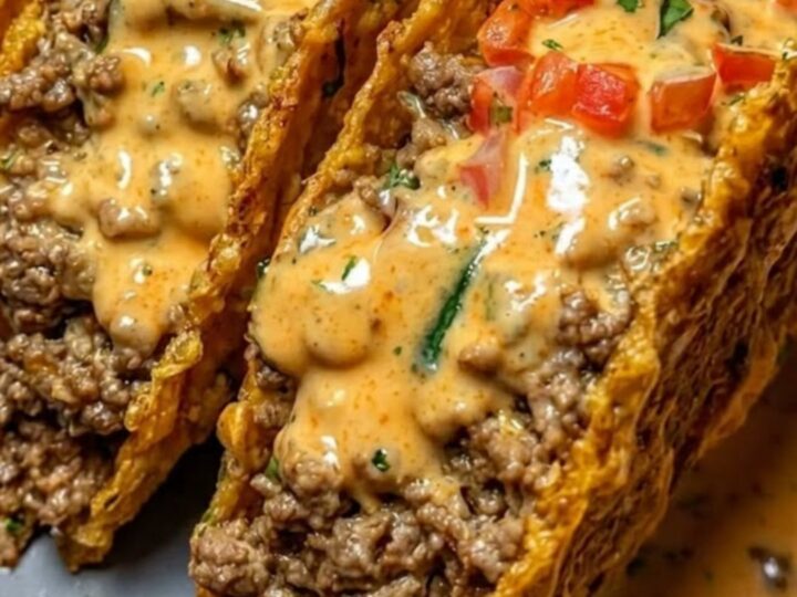 A platter of crispy ground beef tacos topped with creamy orange sauce and diced tomatoes.